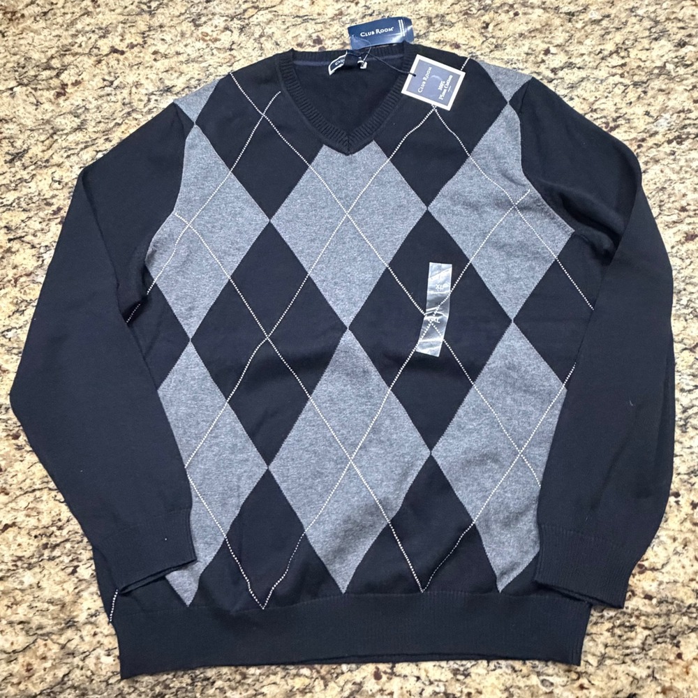 NEW Club Room Mens XL Argyle V-Neck Sweater Navy Blue Grey 100% Pima Cotton ws